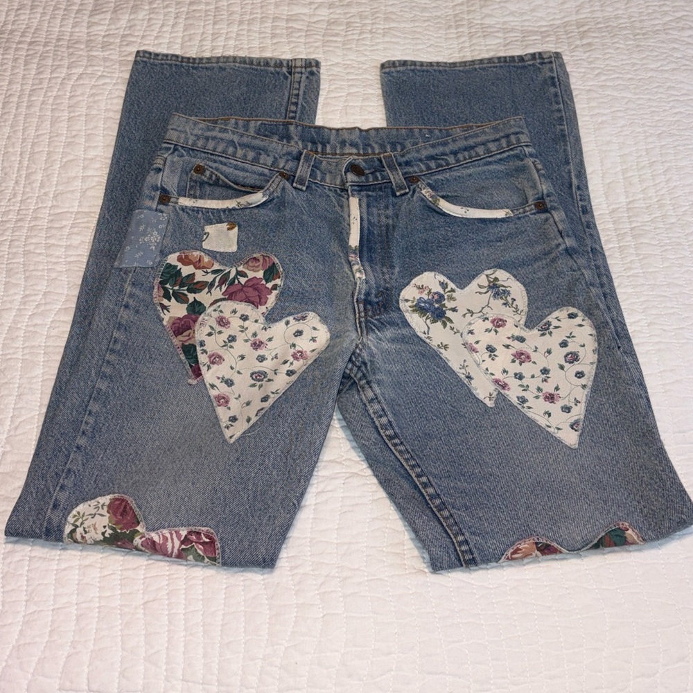 Levi's Vintage Orange Tab Blue Jeans with Floral Heart Patches - Picture 7 of 10